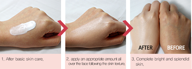 1. After basic skin care, 2. apply an appropriate amount all over the face following the skin texture. 3. Complete bright and splendid skin.